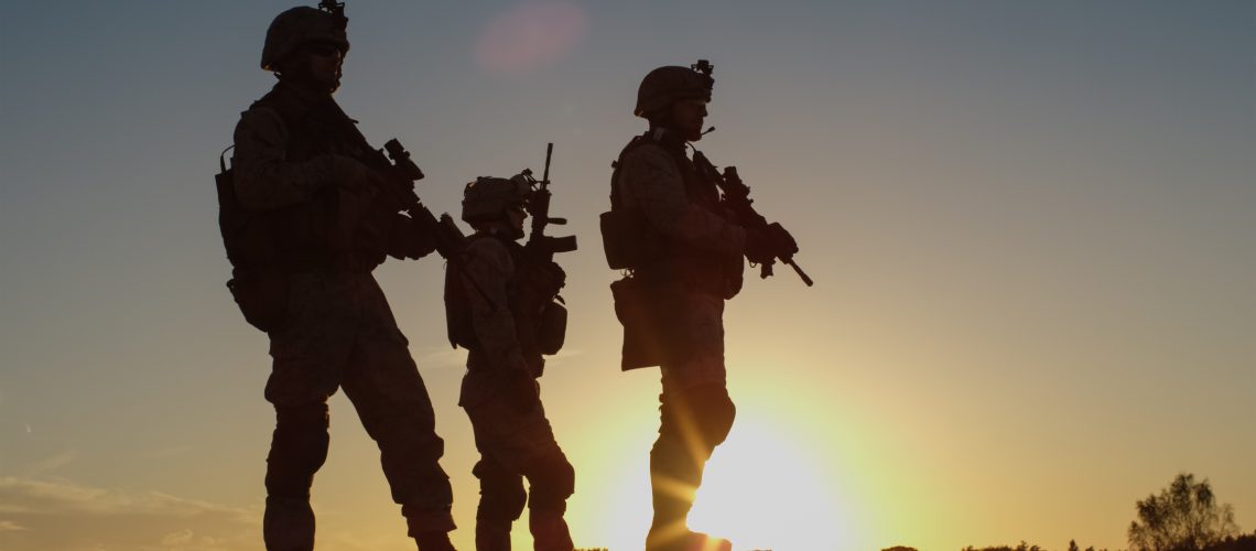 Military members standing in front of the horizon.